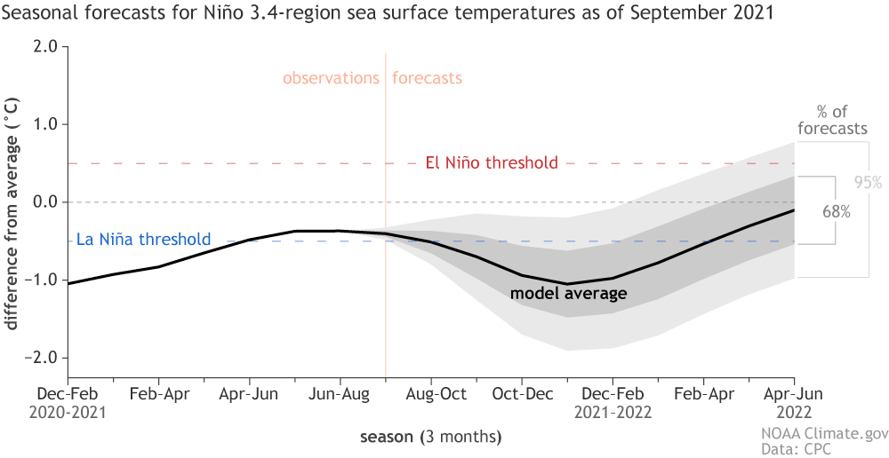 Graph of model emsemble forecasts for Pacific temperatures in late 2021 and early 2022