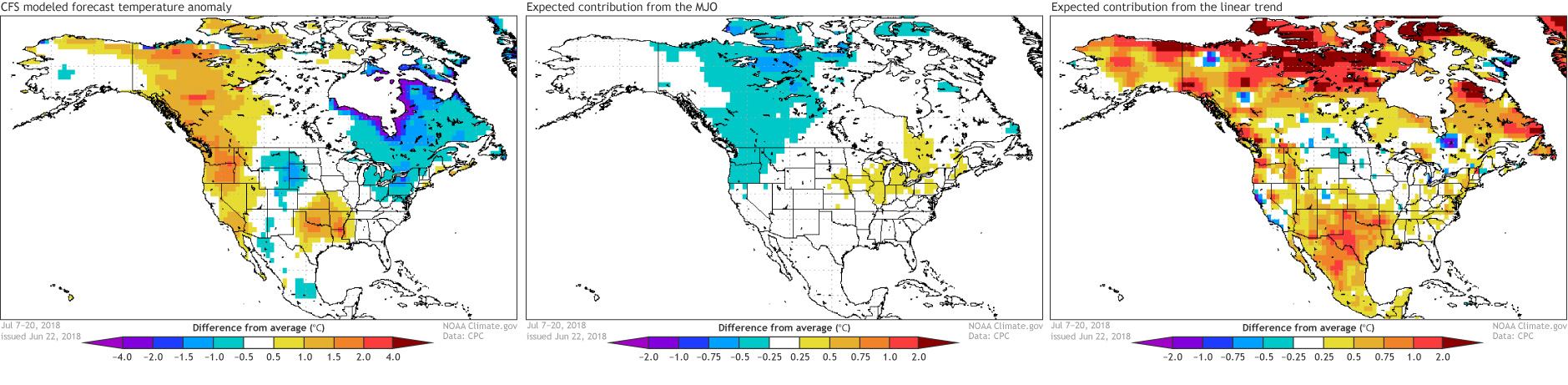 Map trio showing the warming and cooling influences that contributed to the temperature outlook