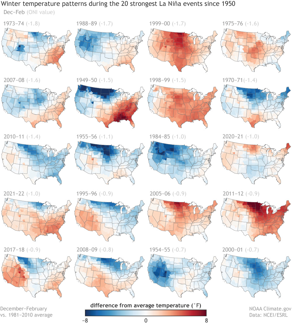Five rows of small U.S. maps showing winter temperature patterns during the 20 strongest La Niña events on record