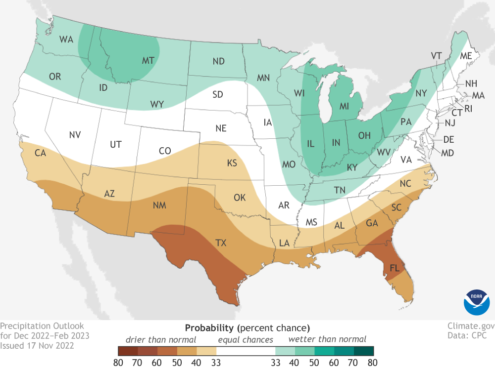 Map of contiguous U.S. with green and brown areas showing probability of wet or dry winter