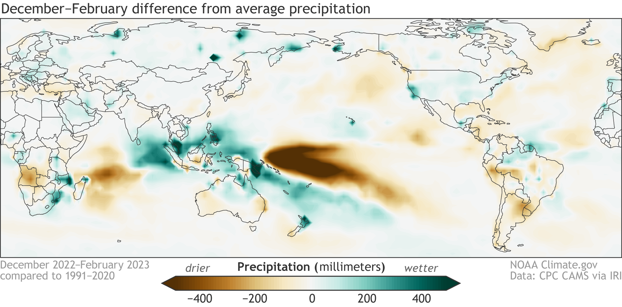 Map showing global precipitation patterns in winter 2022-23
