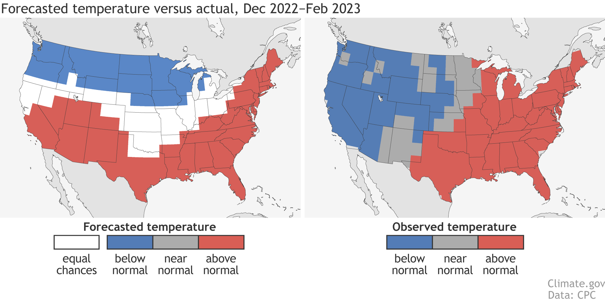 Two U.S. maps comparing predicted and observed 2022-23 winter temperature