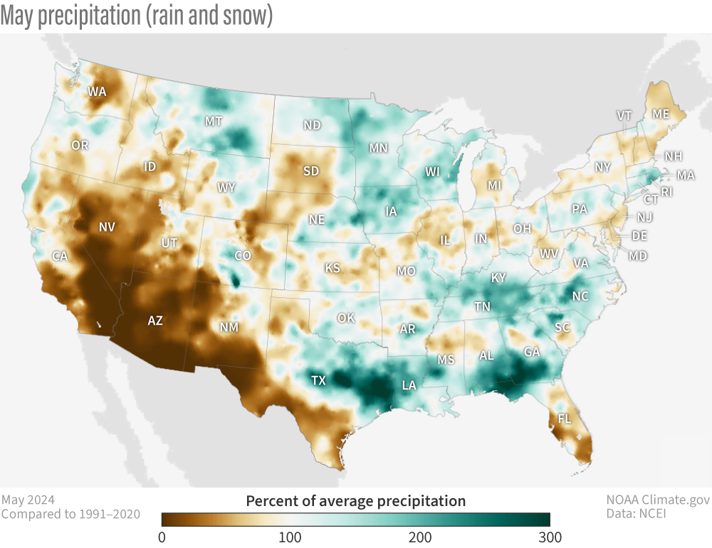 U.S. map showing what percent of normal precipitation was received in May 2024