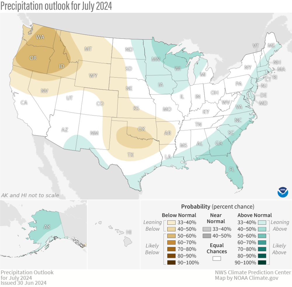 U.S. map of chances of above-, below-, or near-average July precipitation for 2024