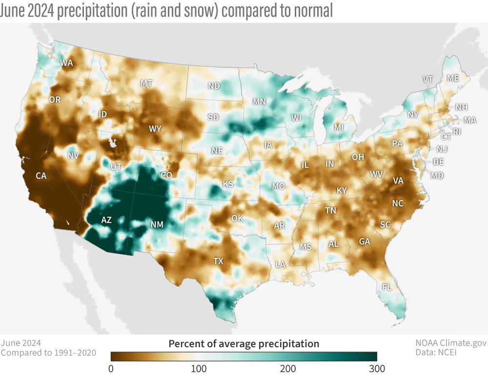 U.S. map of precipitation patterns for June 2024
