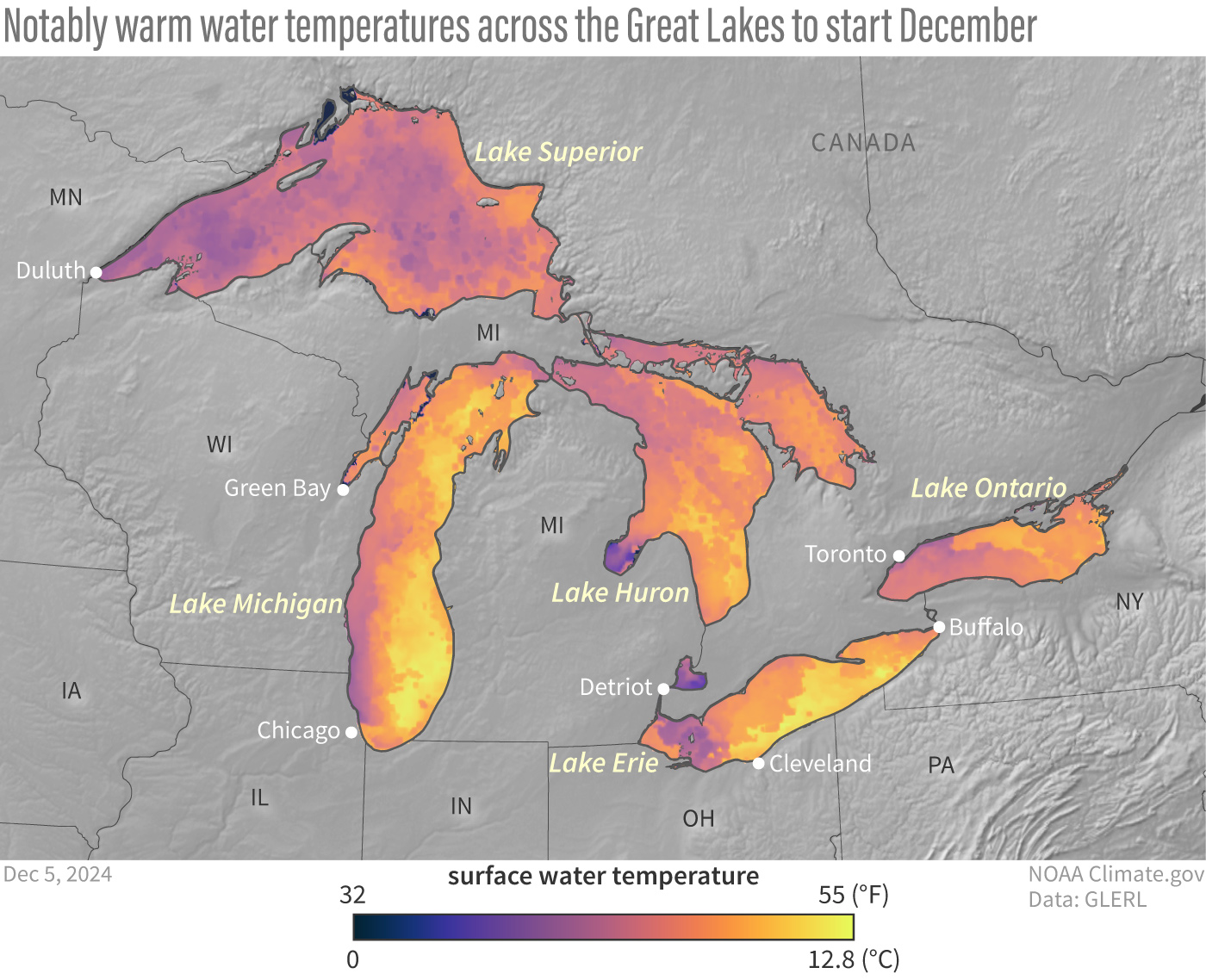 Map of warmer-than-normal water temperatures across the Great Lakes on December 5, 2024