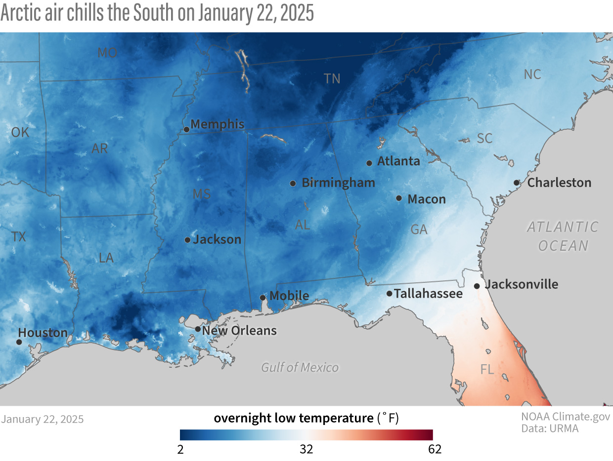 Map of U.S. Southeast showing sub-freezing temperatures