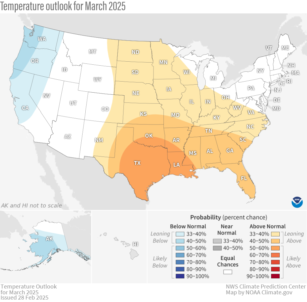 Map showing increased odds for warmer than average March across much of U.S.