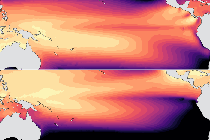 Pair of small maps showing average sea surface temperatures in March and September centered on the tropical Pacific Ocean.