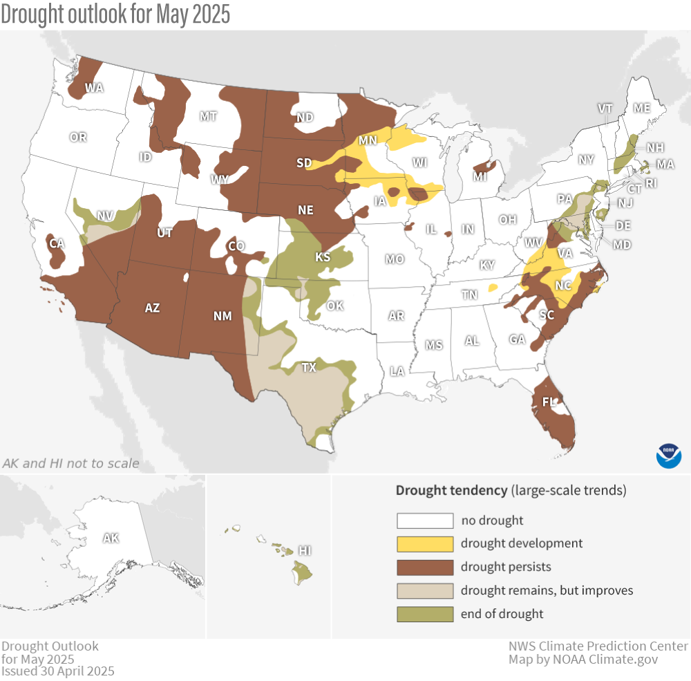 Map showing predicted drought changes or persistence in May 2025.