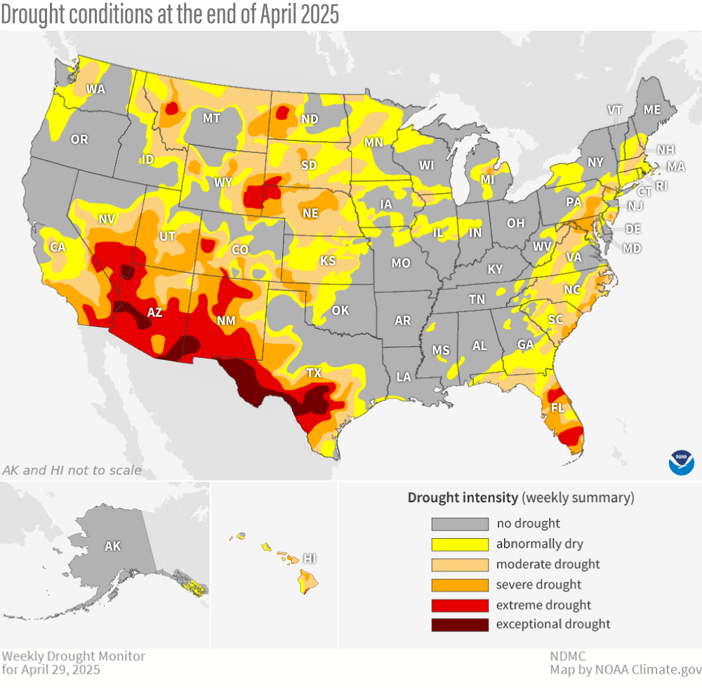 U.S. map showing drought and abnormally dry conditions across the U.S. at the end of April 2025.