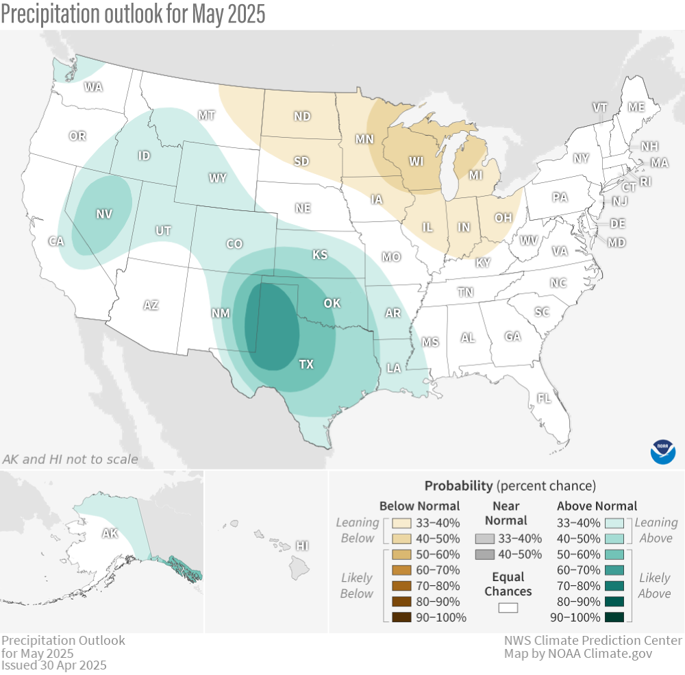 U.S. map of the outlook for precipitation in May 2025.