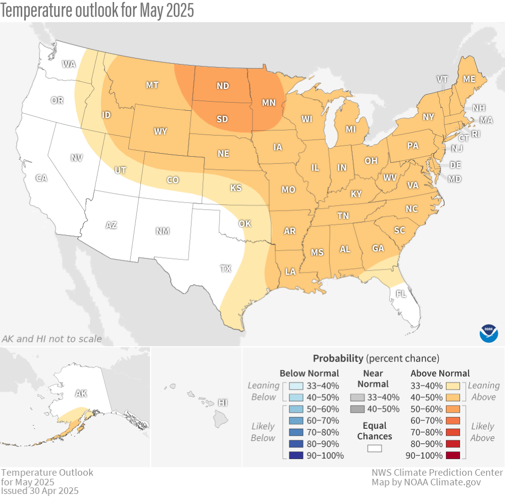 Map of the outlook for temperatures across the U.S. in May 2025.
