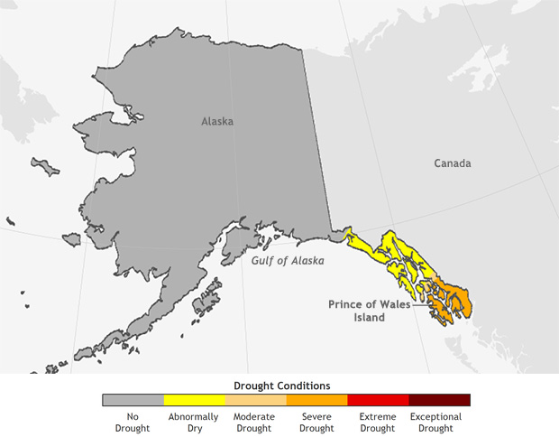 Map of Alaska showing drought in southeastern Alaska in October 2018