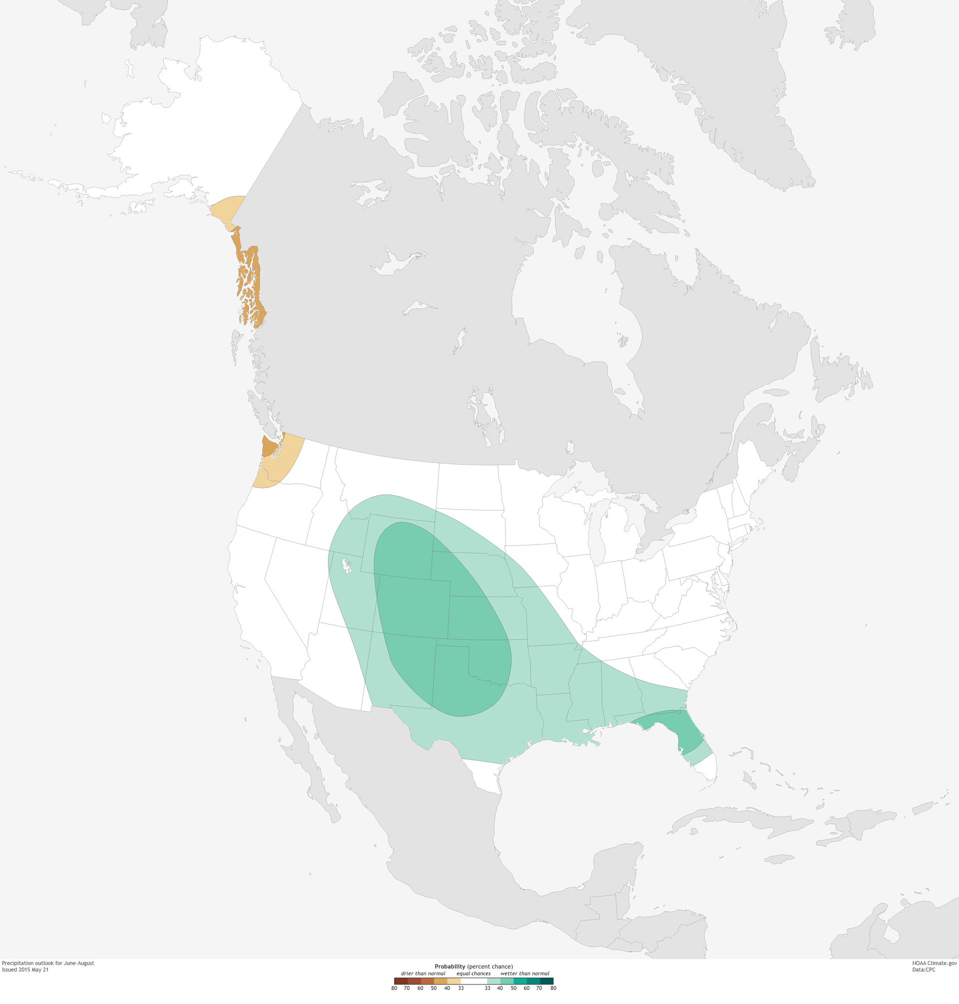 Image of the NOAA/Climate Prediction Center outlook for seasonal total precipitation for June-August 2015 issued in the third week of May.