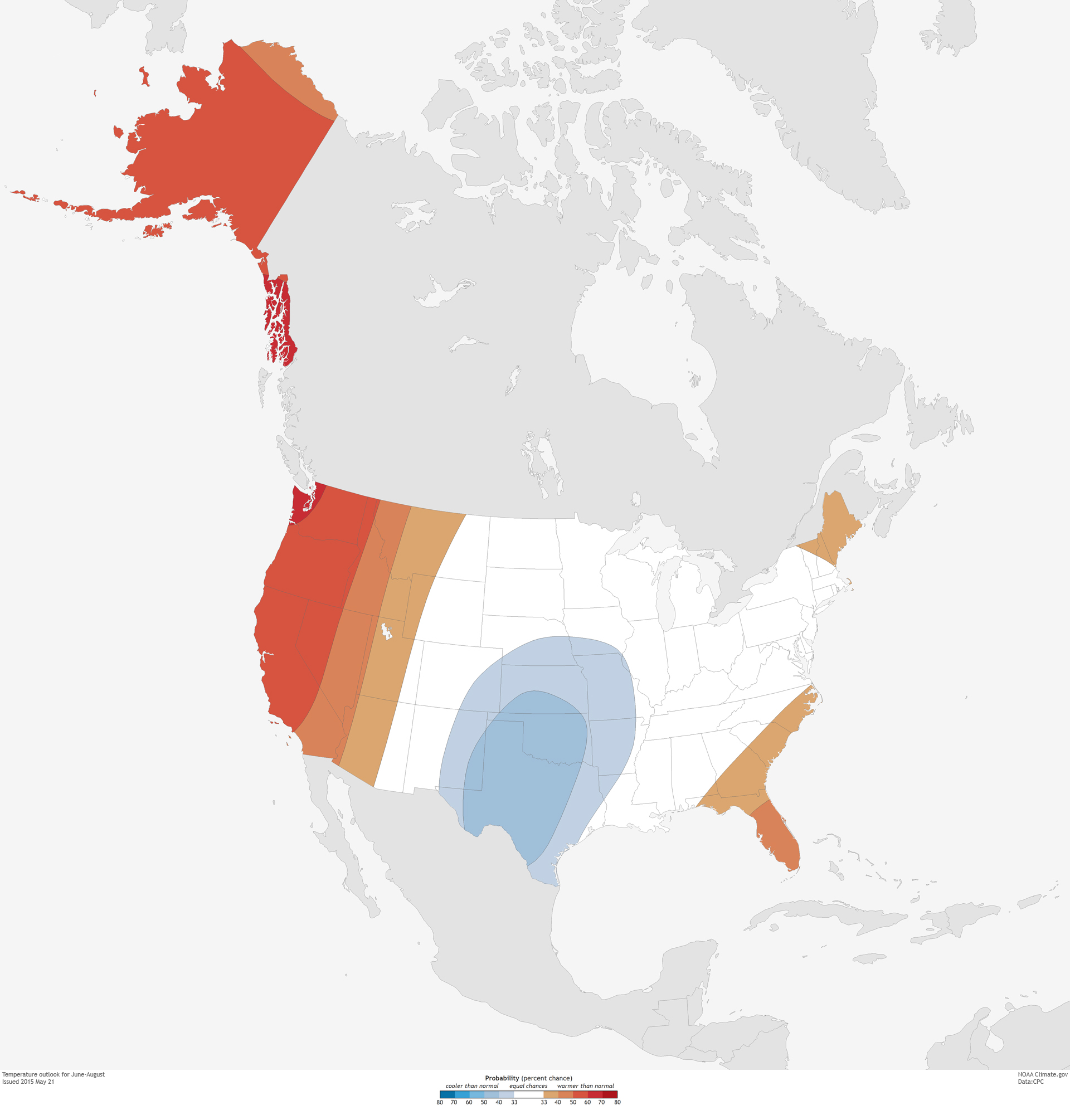 Image of the NOAA/Climate Prediction Center outlook for seasonal average temperature for June-August 2015 issued in the third week of May