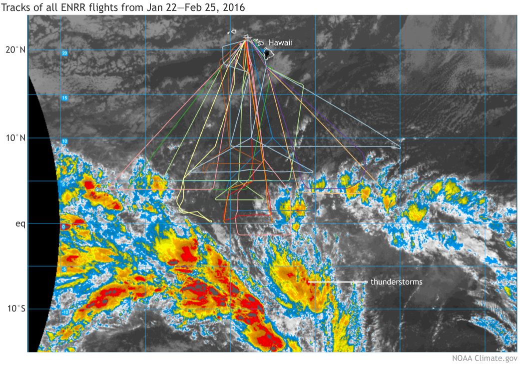 Image of tracks of all 23 research flights with the NOAA Gulfstream-IV aircraft out of Honolulu, Hawaii during the El Niño Rapid Response campaign from January - March 2016.