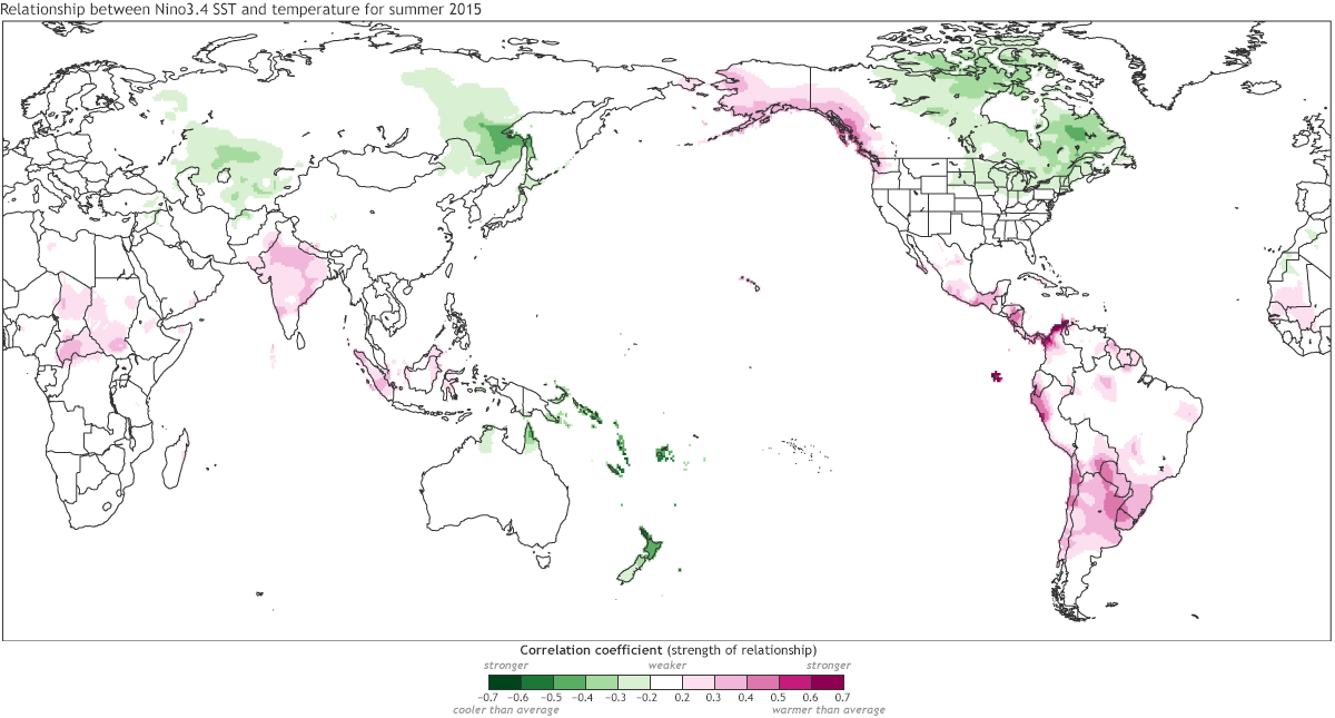 Image of correlation between the sea surface temperature in the Nino3.4 region in the central tropical Pacific ocean (indicating El Niño when above average) and temperature over the globe.