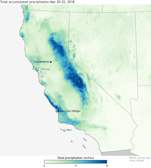 Map of California showing accumulated precipitation from March 20-22, 2018