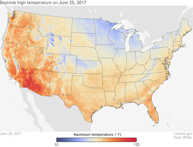 CONUS map showing maximum temperature on June 25, 2017 according to RTMA