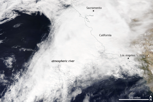 Satellite image of the West Coast of the United States taken on March 20, 2018