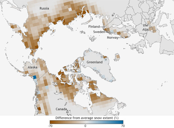 Map of average snow extent in June 2012 compared to the 1966-2010 average.