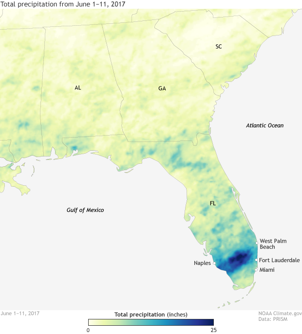 Map showing month to date rainfall for the U.S. Southeast, highlighting a swath of 20+-inch rainfall totals across southern Florida