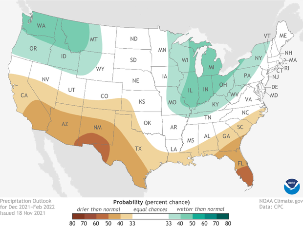 Map of US winter 2021-22 temperature forecast 