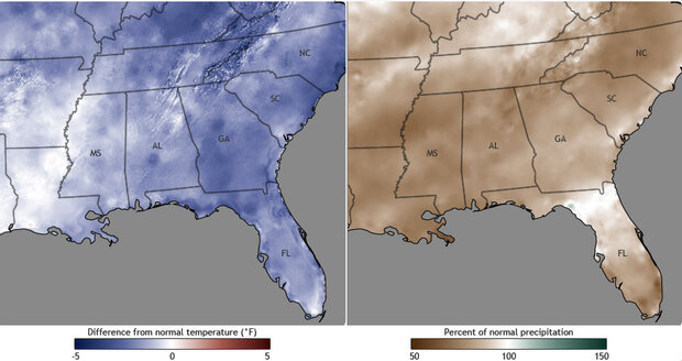 Side by side maps of US southeast showing temperature and precipitation patterns for winter 2010-11