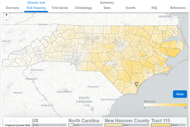 Screenshot of diaster-mapping tool showing NC tropical cycle risks