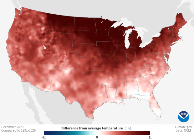 December 2023 temperature anomaly CONUS