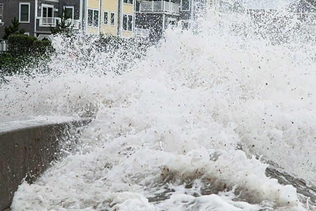 Spray of ocean water near sea wall