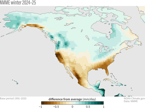 Map of winter precipitation forecast for North America showing places that are forecasted to be wetter or drier than average