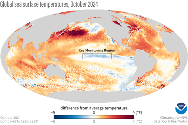 Global map of ocean temperature patterns showing how most of the global ocean is warmer than average