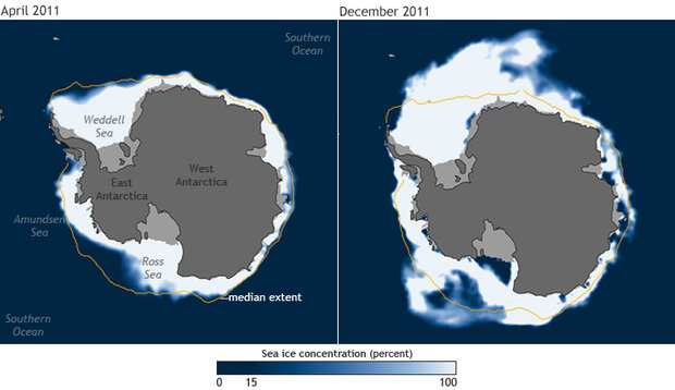 Antarctic sea ice in December and April