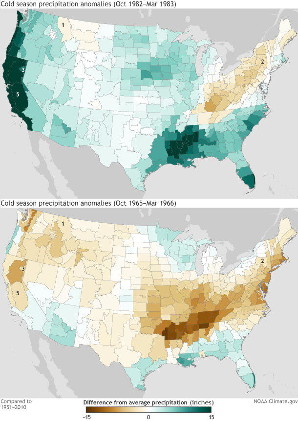 Cold season (October-March) precipitation in 1982-83 (top) and 1965-66 (bottom)