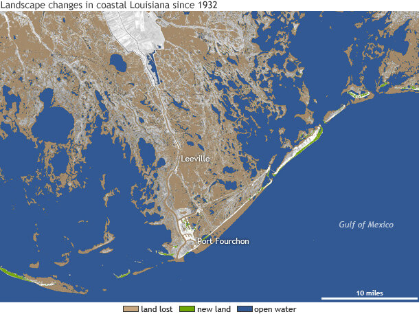 Map showing most of the land around Port Fourchon has been covered by water