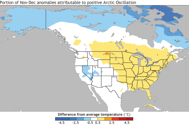 Portion of Nov-Dec anomalies attributable to positive Arctic Oscillation